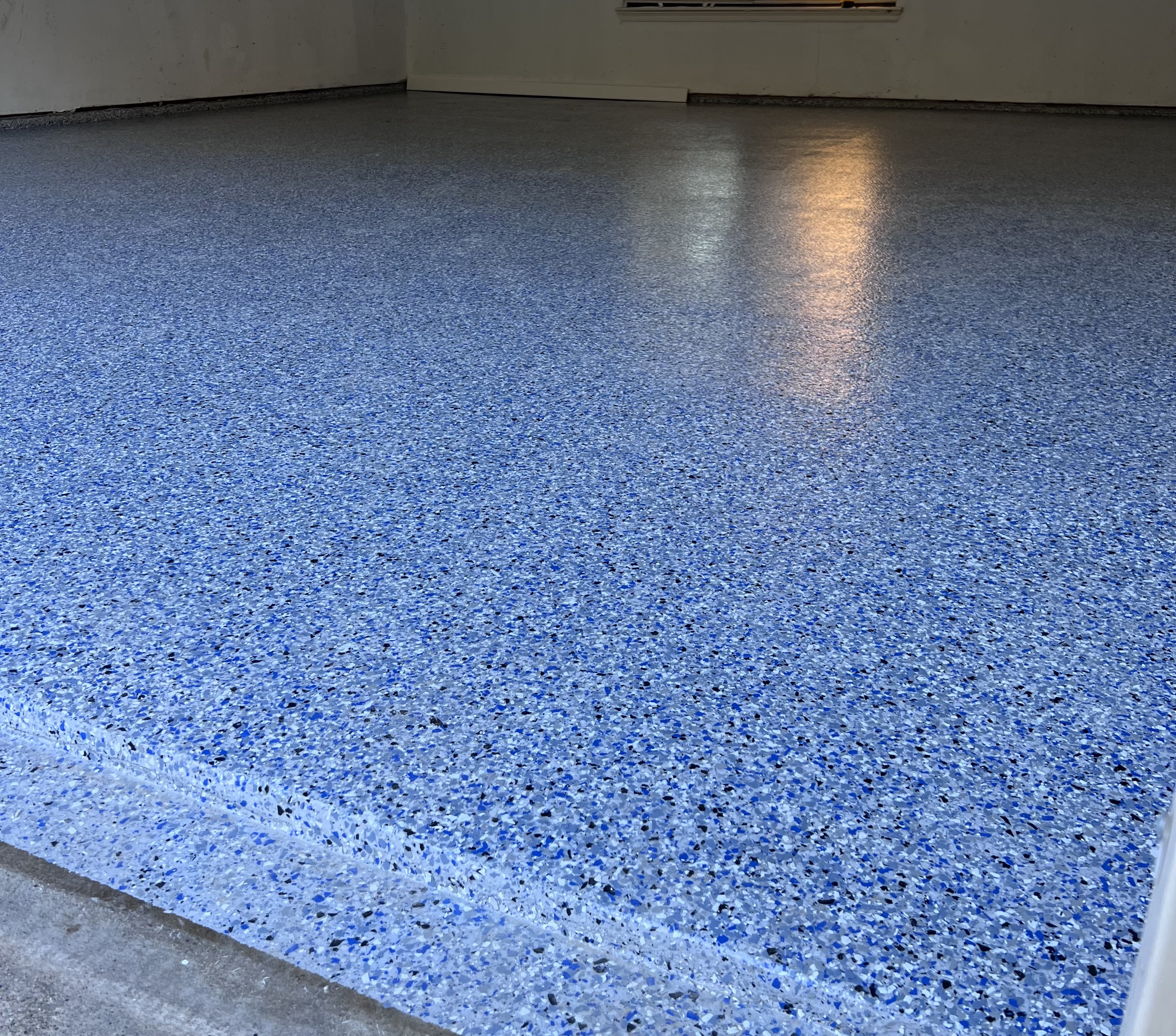 Blue full-flake epoxy garage floor DFW